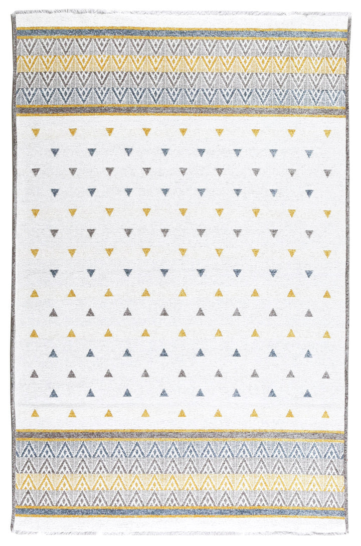 Tapis triangulaire bleu, doré, gris et blanc cassé