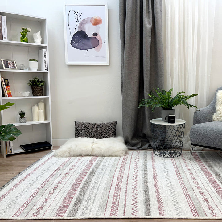 Tapis lavables géométriques mauves et blanc cassé