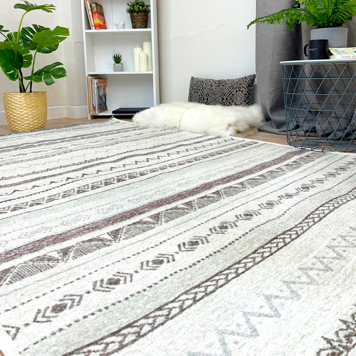 Tapis lavables géométriques gris et blanc cassé