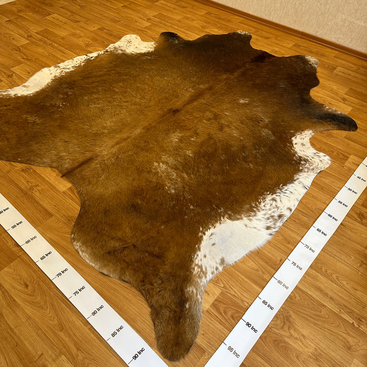 Tapis en cuir de vache véritable marron et blanc 95 x 103