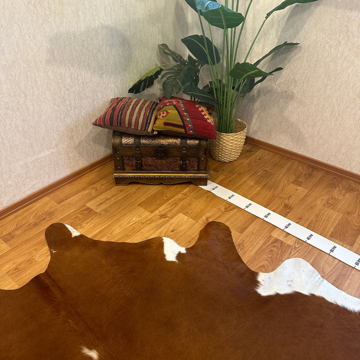 Tapis en cuir de vache véritable, brun clair et blanc, 91 x 101 cm