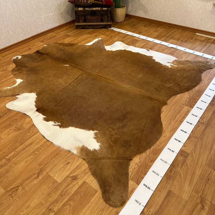 Tapis en cuir de vache véritable marron clair et blanc 90x90