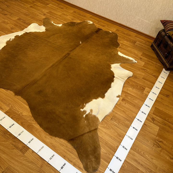 Tapis en cuir de vache véritable marron clair et blanc 90x90