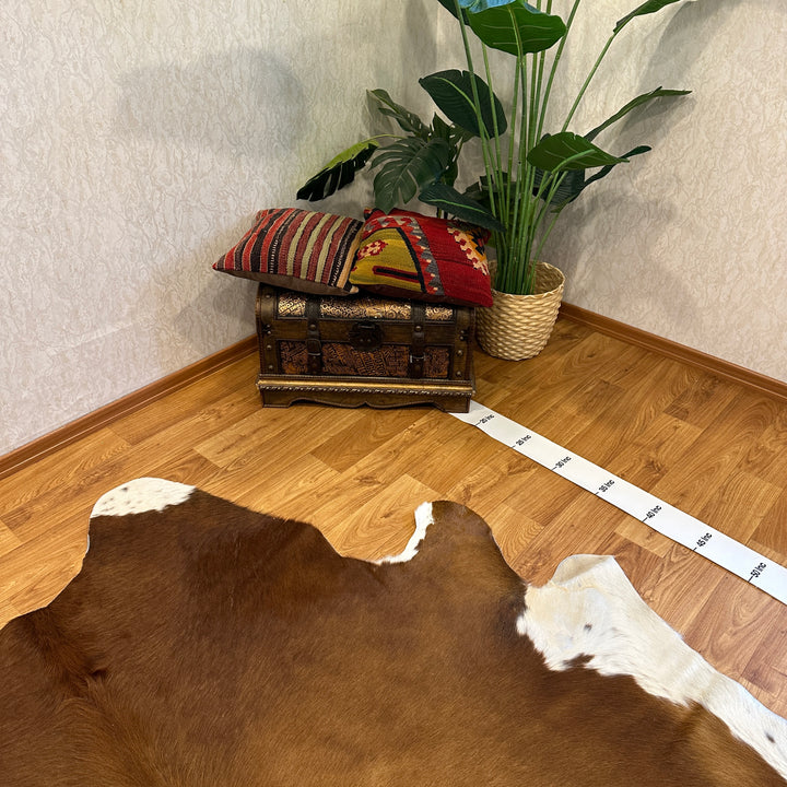 Tapis en cuir de vache véritable marron clair et blanc 94 x 103