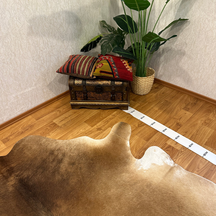 Tapis en cuir de vache véritable beige, marron et crème, 91 x 95 cm