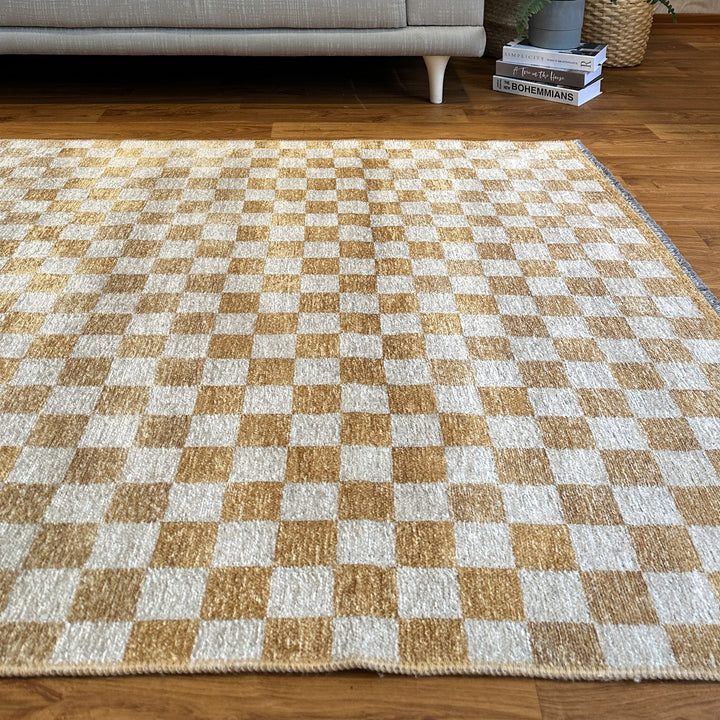 Tapis lavables à carreaux dorés et crème