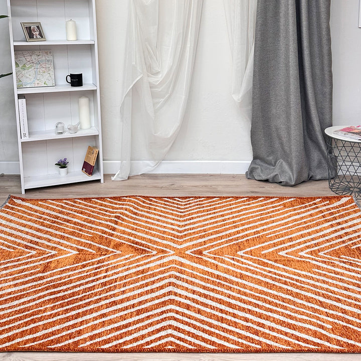 Tapis tissé lavable géométrique orange brûlé et crème