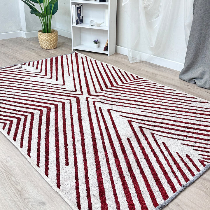 Tapis tissés lavables géométriques crème et rouge, bordeaux