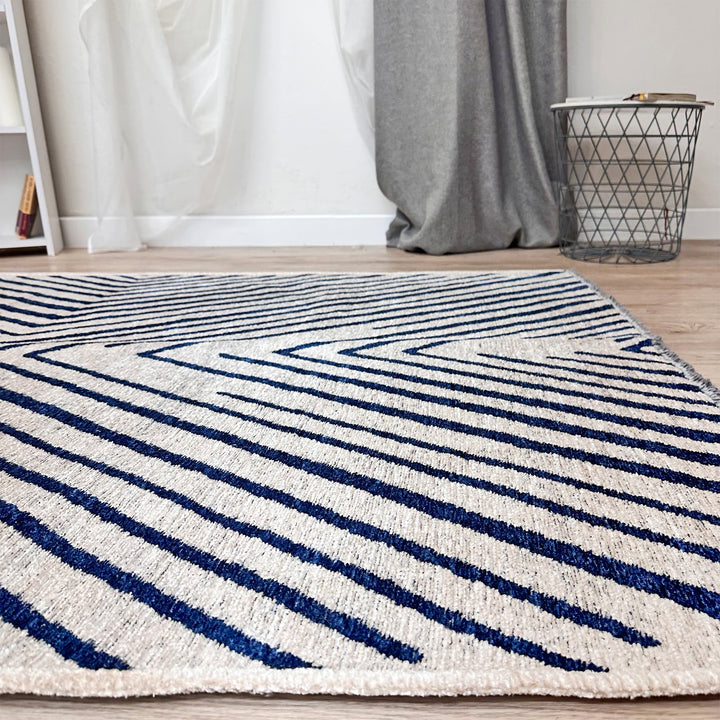 Tapis tissés lavables géométriques crème et bleu marine, bleu roi