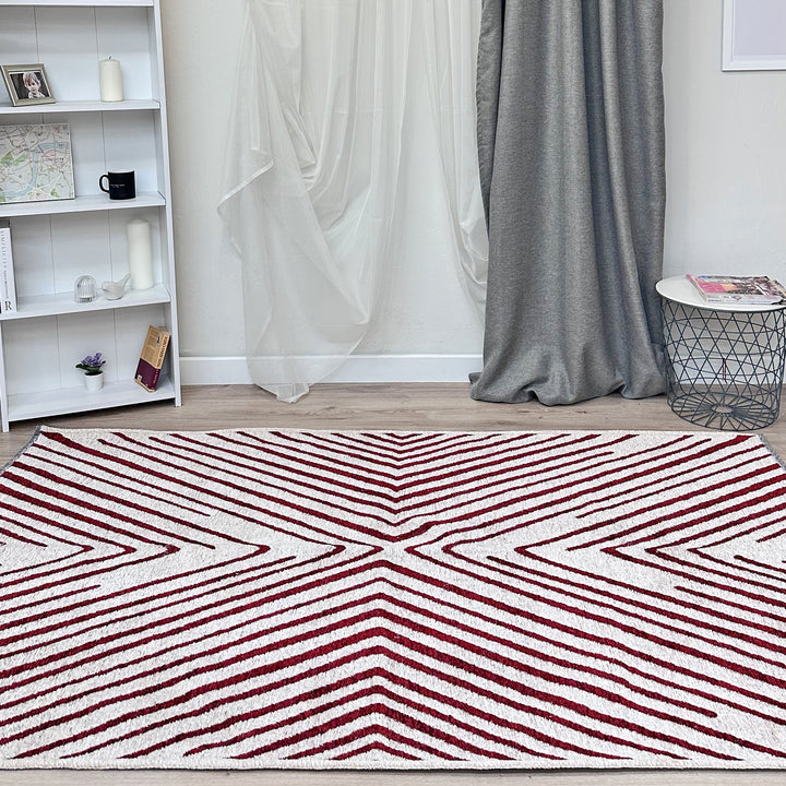 Tapis tissés lavables géométriques crème et rouge, bordeaux