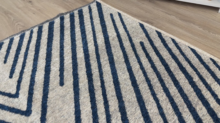 Tapis tissés lavables géométriques crème et bleu marine, bleu roi