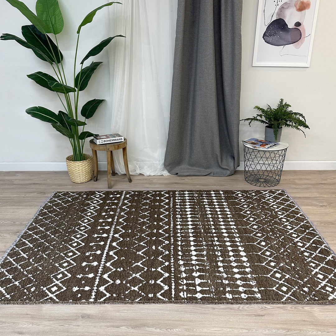 Tapis marron, blanc et crème, lavable et réversible en coton, grand format pour salon, chambre à coucher, cuisine, décoration bohème esthétique, style aztèque et maya