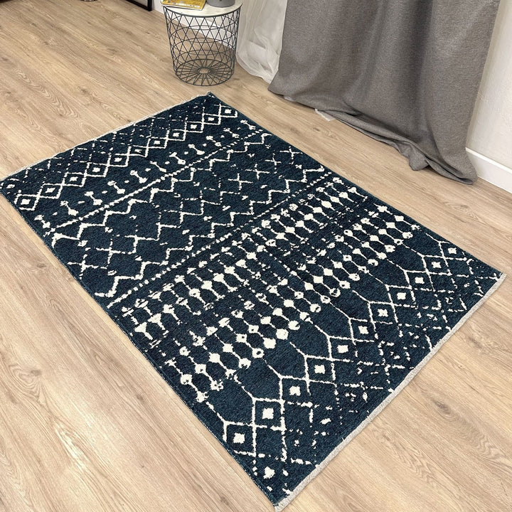 Tapis bleu blanc crème, tapis réversible lavable en coton, grand tapis pour salon, chambre à coucher, cuisine, tapis esthétique bohème éclectique aztèque maya