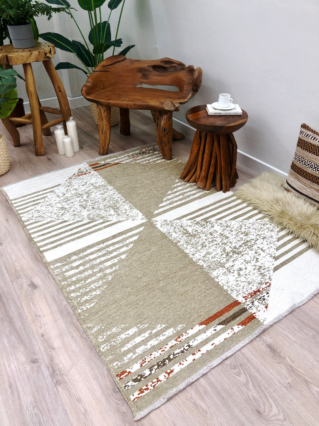 Tapis beige et blanc, motif géométrique réversible, grande surface, pour salon, chambre à coucher, cuisine, salle à manger, chambre d'enfant, décoration beige et blanche, style bohème esthétique, 20 x 25 cm