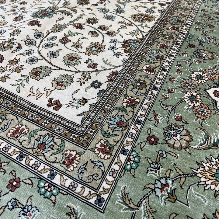 Genuine Unique Oriental Green Ivory Silk Rug