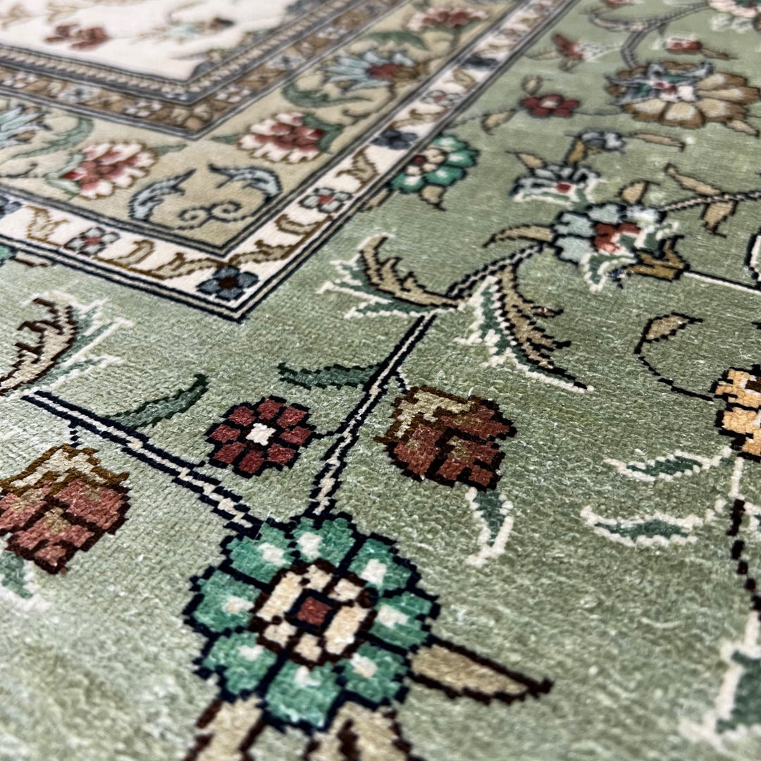 Genuine Unique Oriental Green Ivory Silk Rug