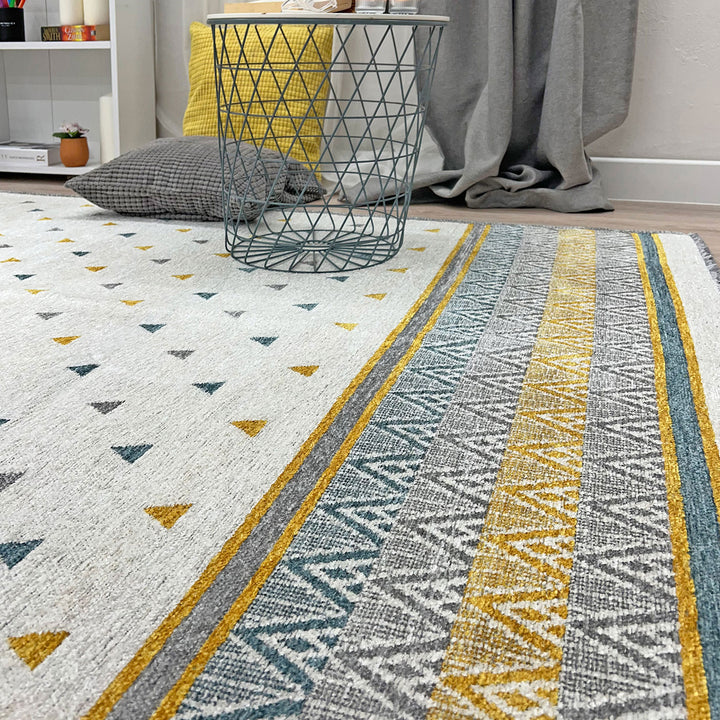 Triangle Blue Gold Gray Off White Area Rugs