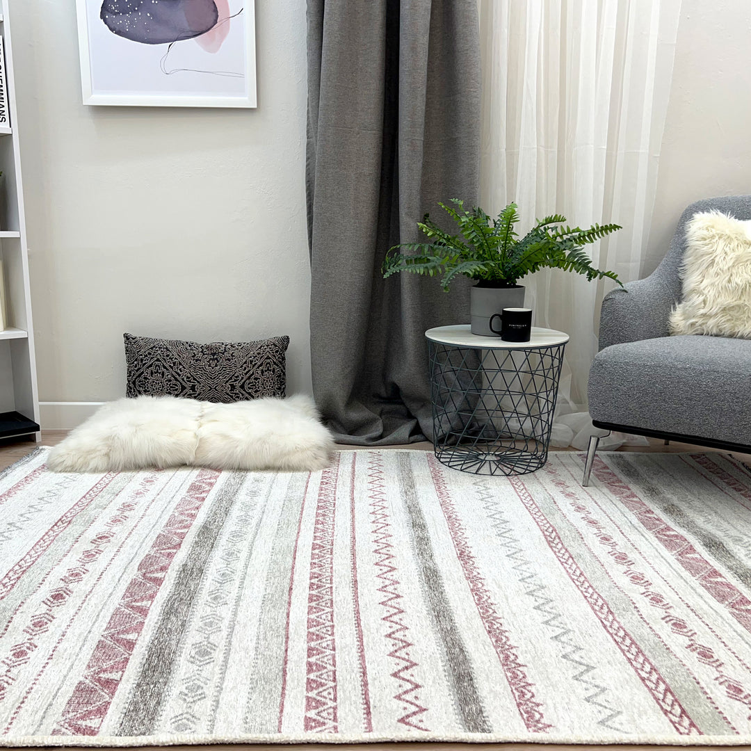 Eclectic Mauve Off White Washable Area Rugs