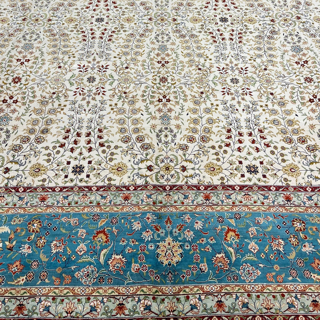 Genuine Unique Oriental Teal Ivory Silk Rug