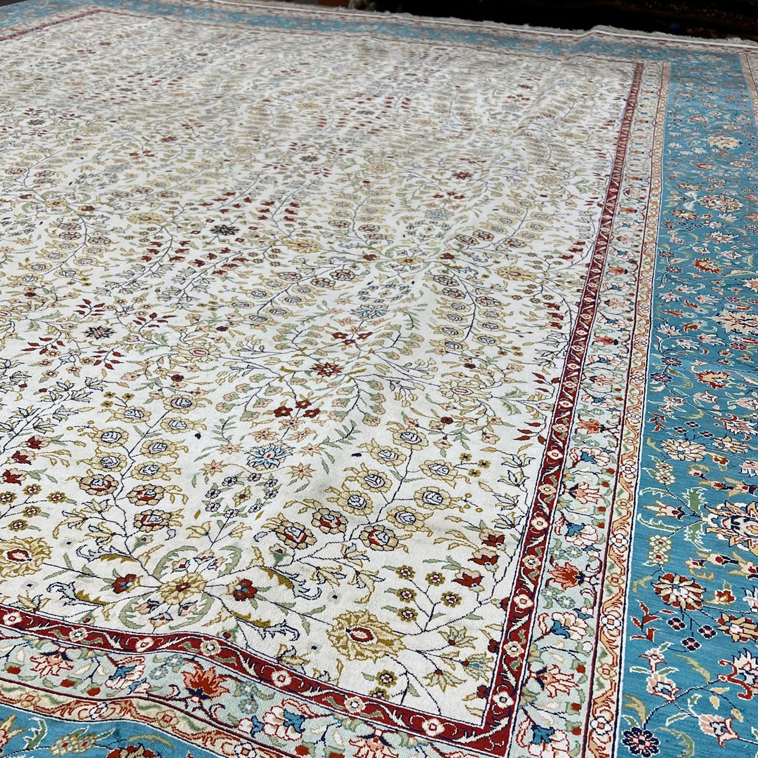 Genuine Unique Oriental Teal Ivory Silk Rug