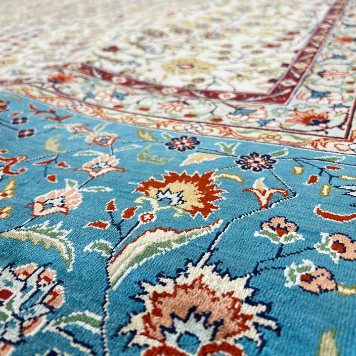 Genuine Unique Oriental Teal Ivory Silk Rug