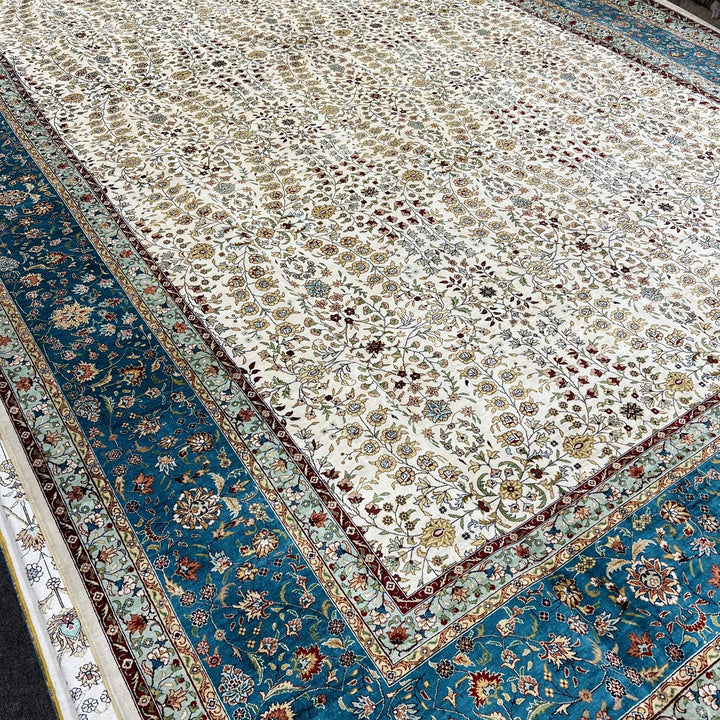 Genuine Unique Oriental Teal Ivory Silk Rug