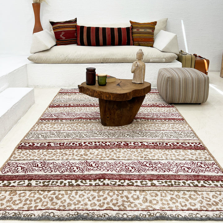 Eclectic Beige Burgundy Washable Area Rugs