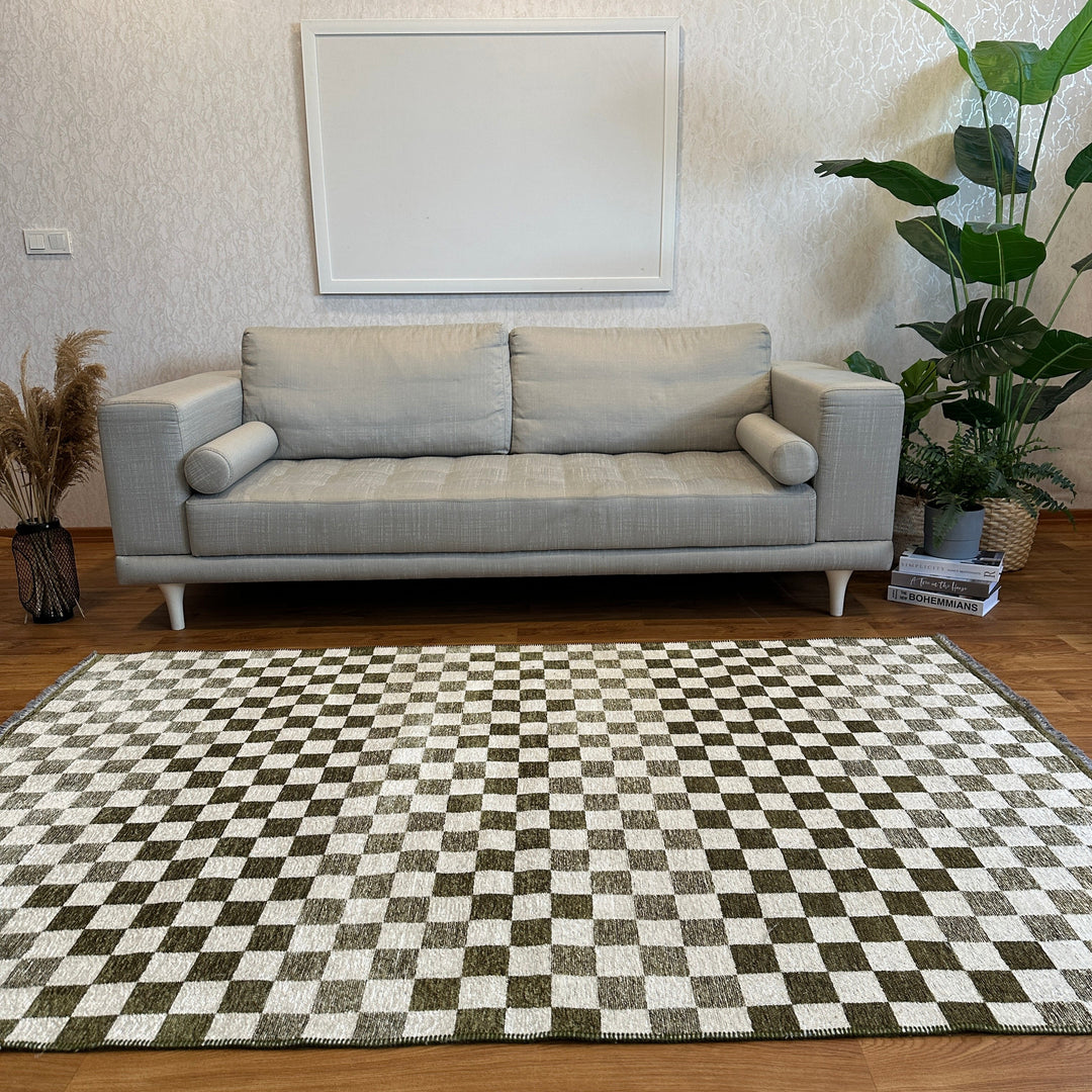 Checkered Gold Cream Washable Area Rugs