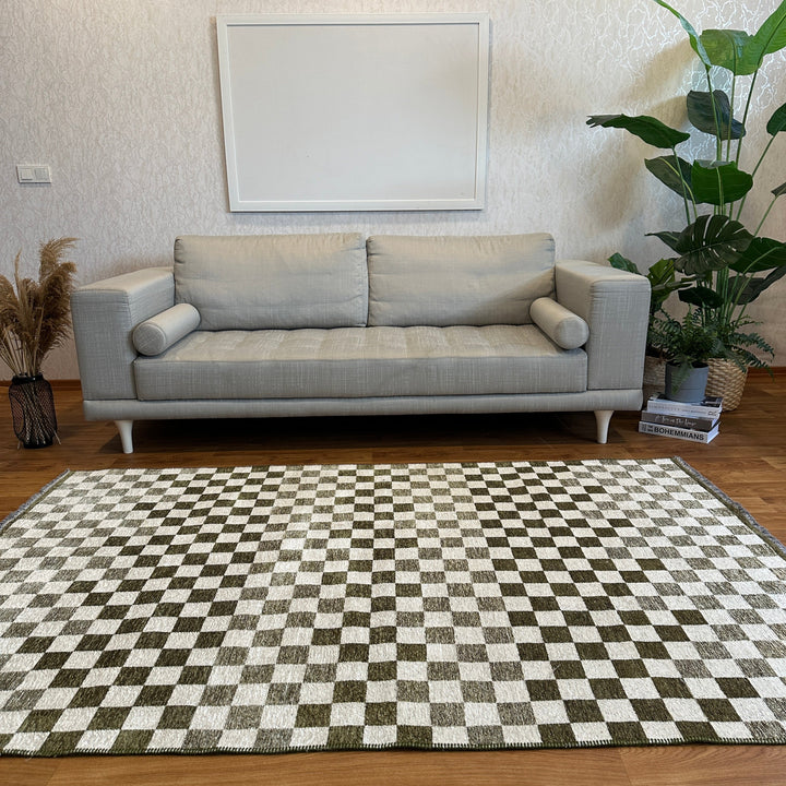 Checkered Burnt Orange Rust White Washable Area Rugs