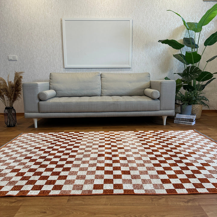 Checkered Orange Gold Cream Washable Area Rugs