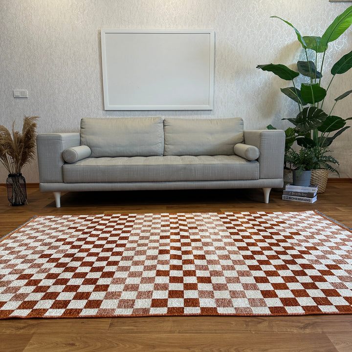 Checkered Burnt Orange Rust White Washable Area Rugs