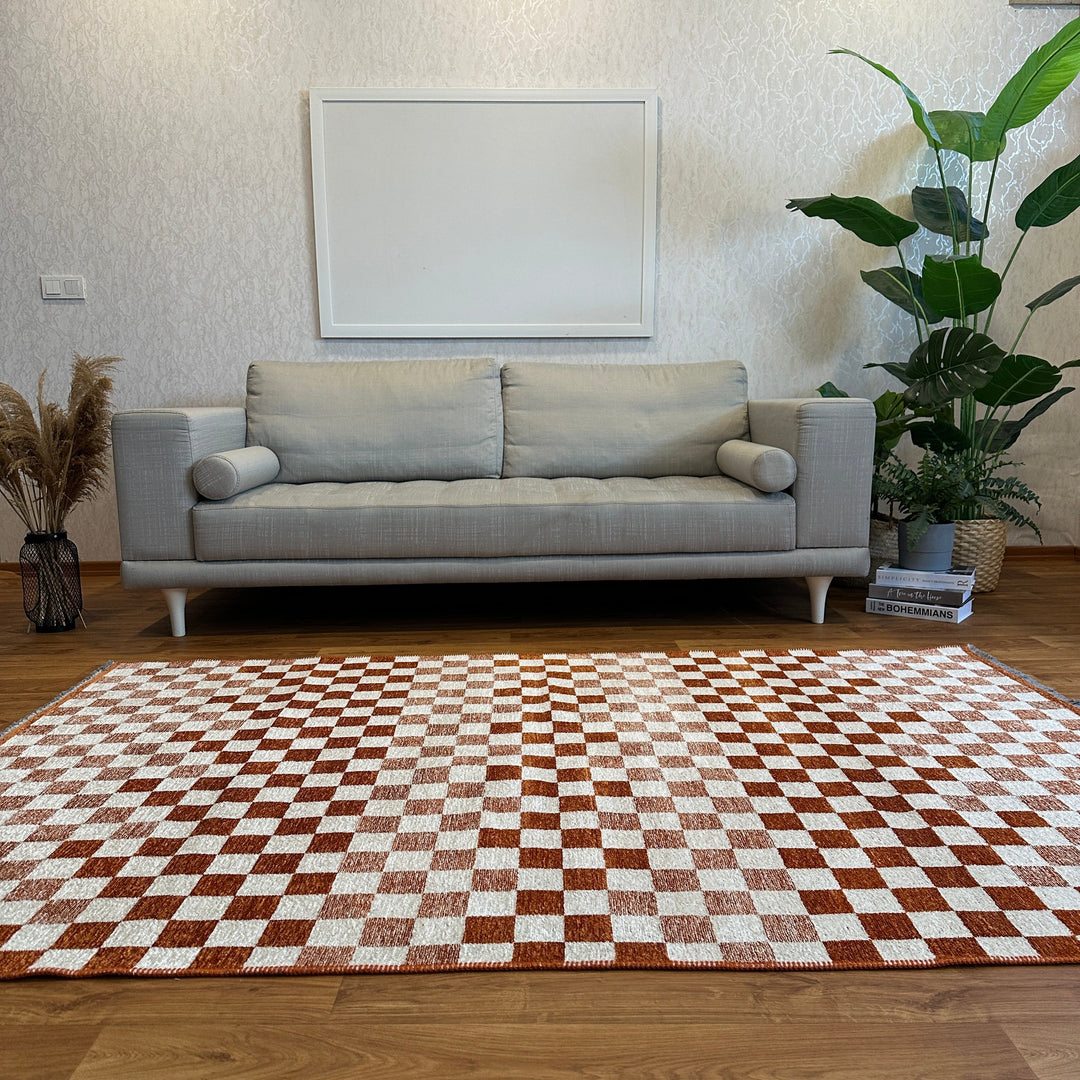 Checkered Brown Cream Washable Area Rugs