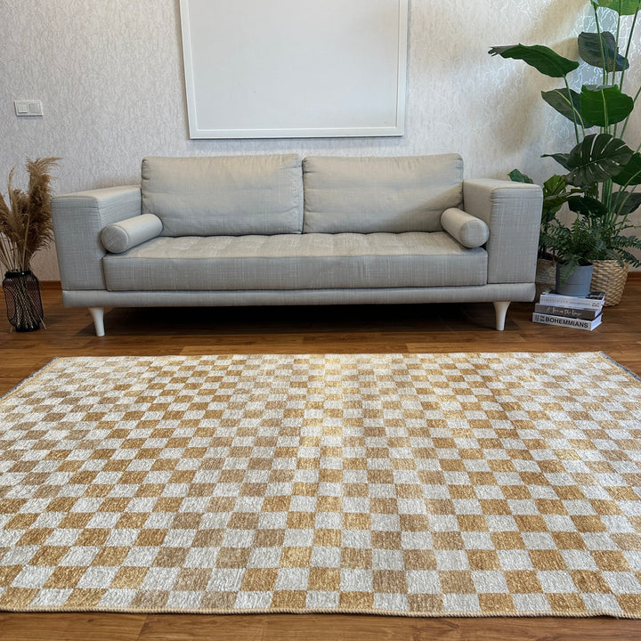 Checkered Burnt Orange Rust White Washable Area Rugs