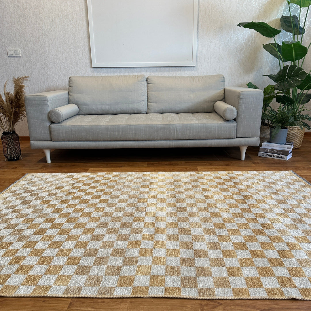 Checkered Orange Gold Cream Washable Area Rugs