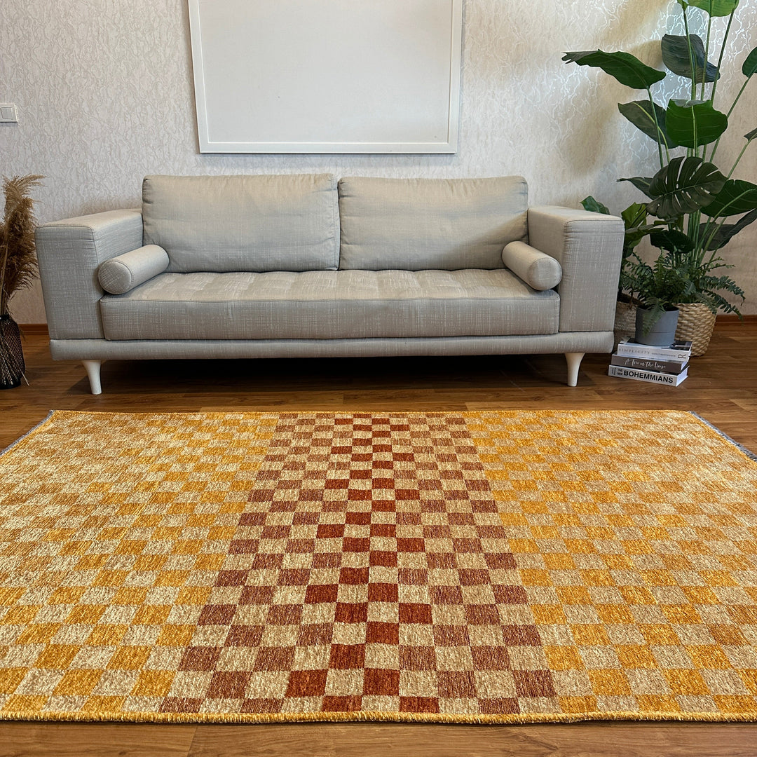 Checkered Gold Cream Washable Area Rugs