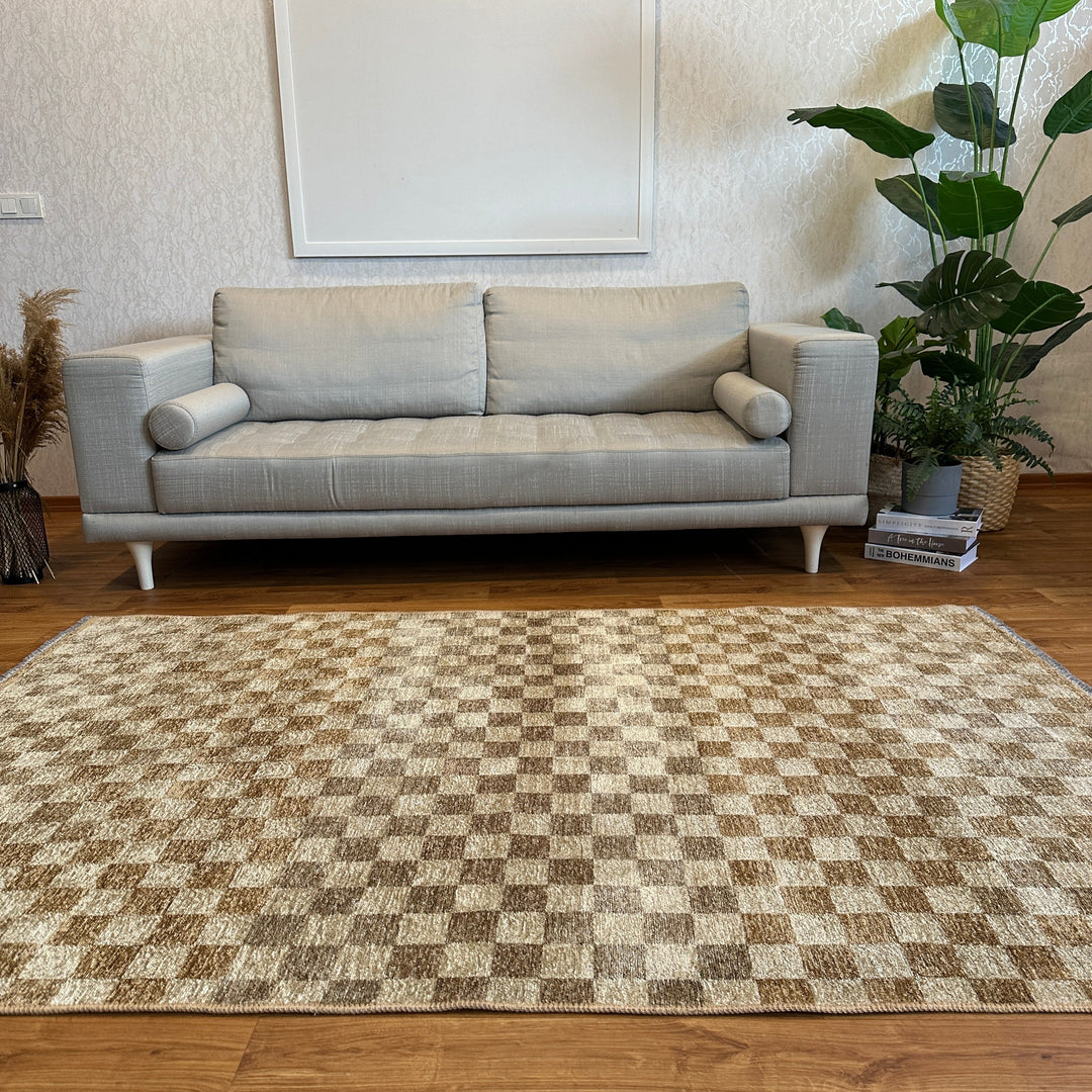 Checkered Burnt Orange Rust White Washable Area Rugs