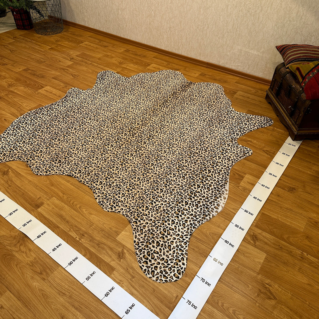 Genuine Beige Black Leopard Pattern Cowhide Rug 70x75