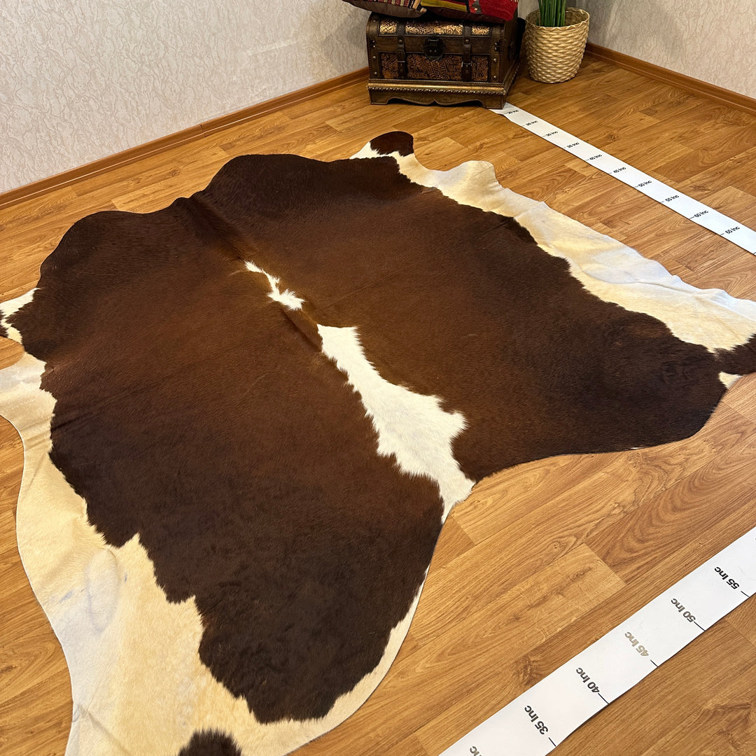 Genuine Tan Brown White Cowhide Rug 90x92