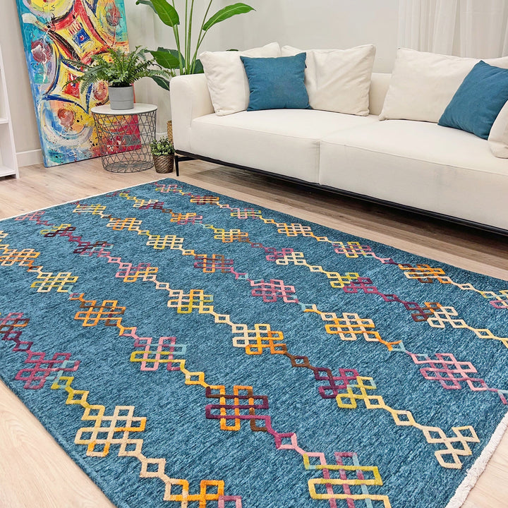 Boho Moroccan Coral Blue Washable Area Rugs