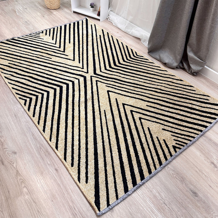 Geometric Cream Gold Washable Area Rugs