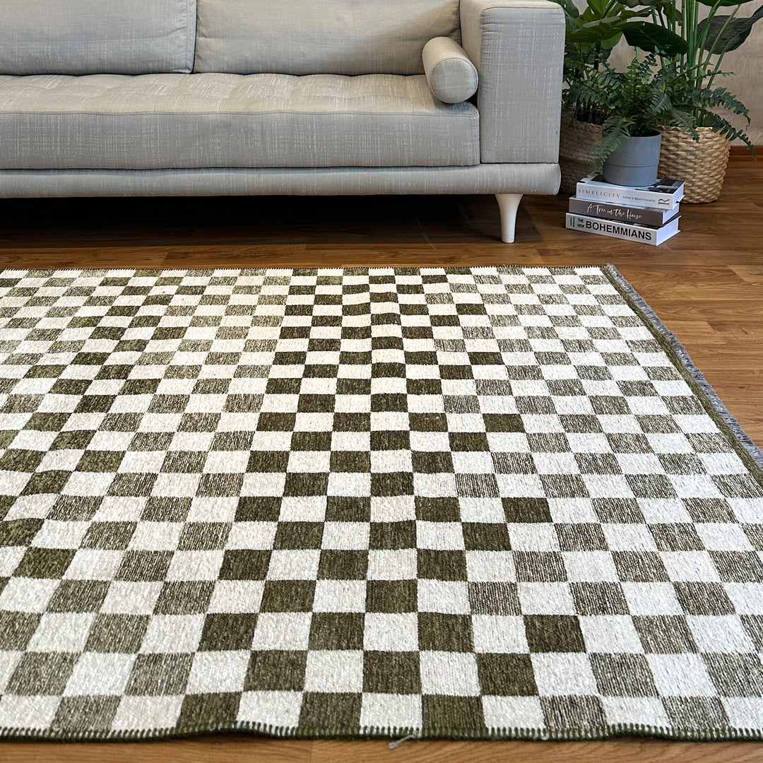 Checkered Green White Washable Area Rugs