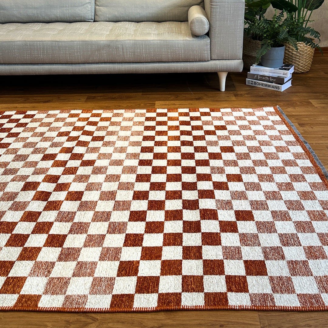 Checkered Burnt Orange Rust White Washable Area Rugs