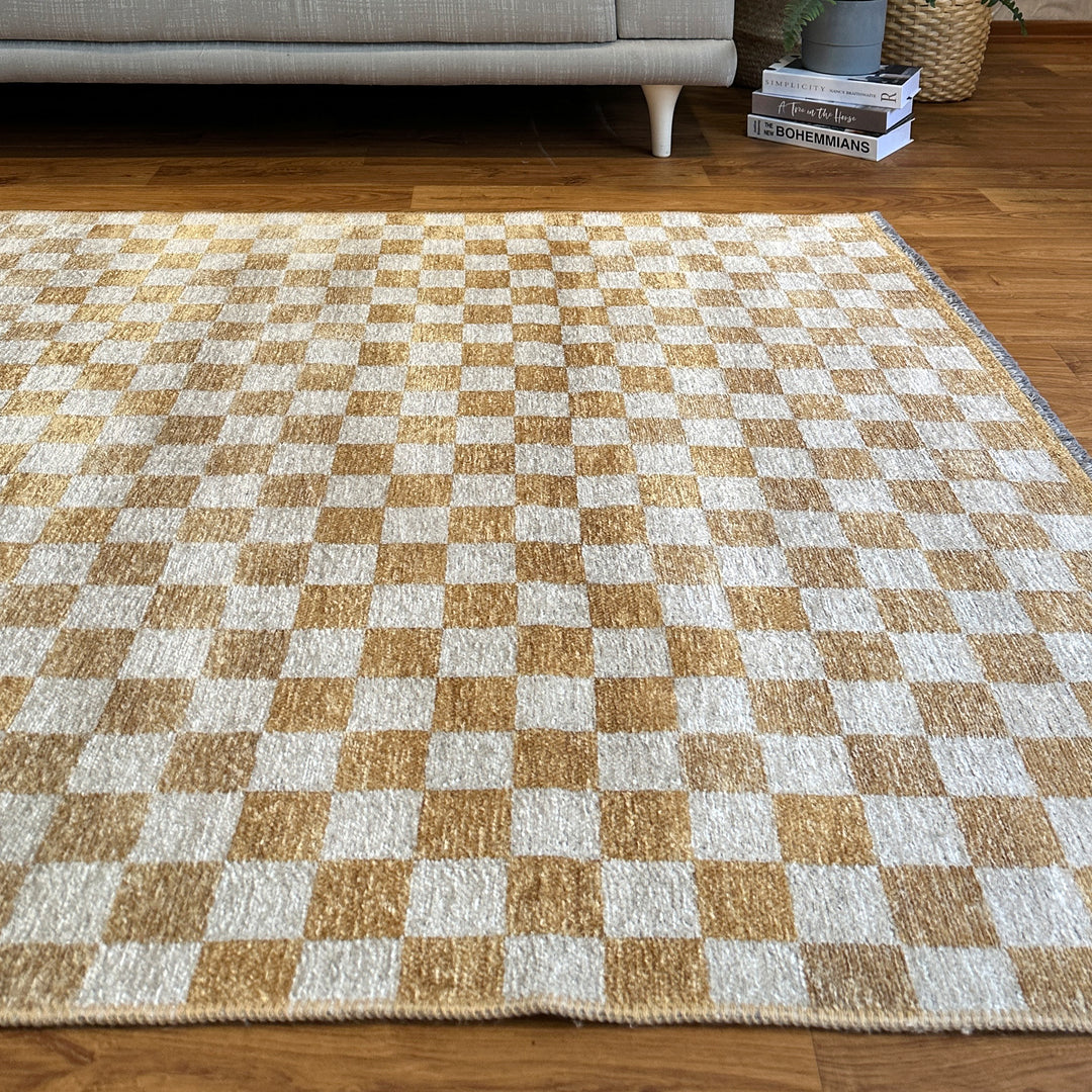 Checkered Gold Cream Washable Area Rugs