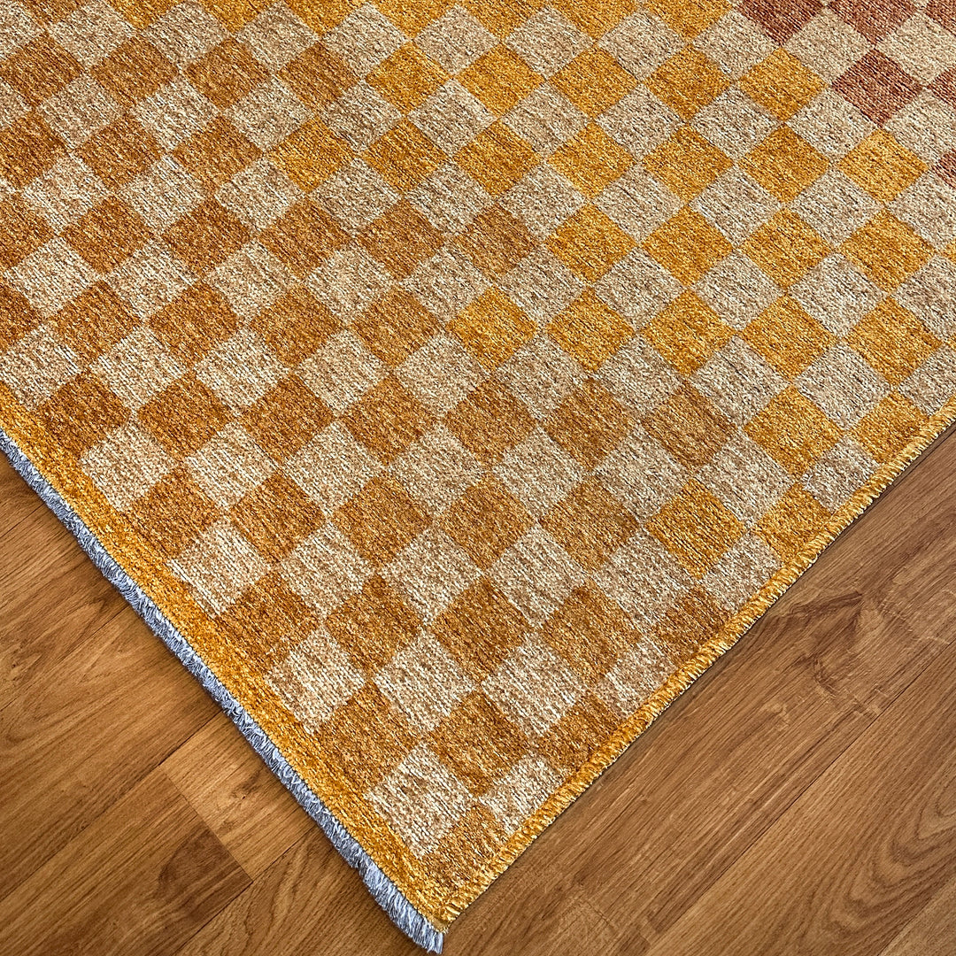 Checkered Orange Gold Cream Washable Area Rugs