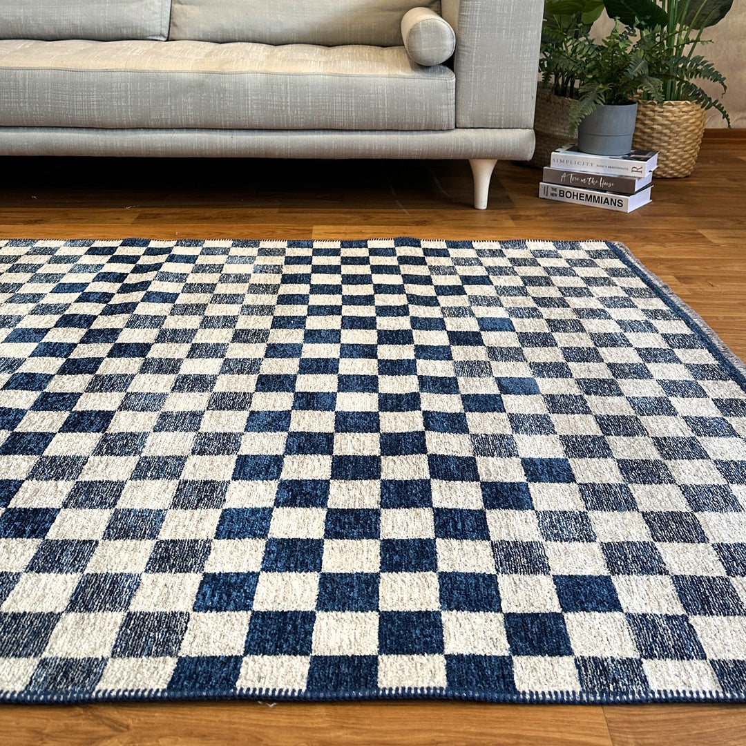 Checkered Navy Blue White Washable Area Rugs