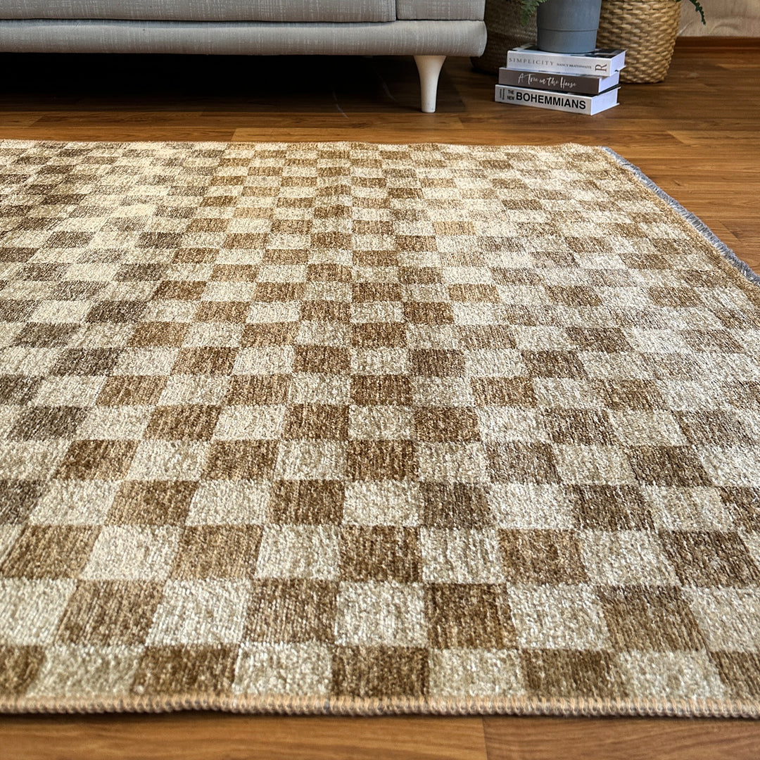 Checkered Brown Cream Washable Area Rugs