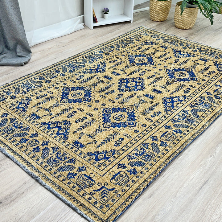 Vintage Gold Royal Blue Washable Area Rugs