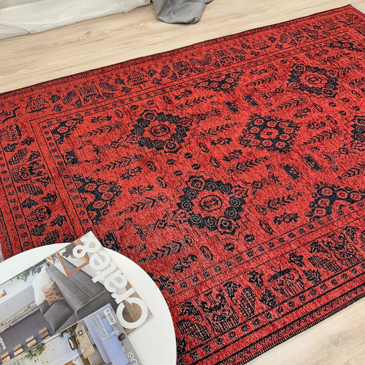 Vintage Red Black Washable Area Rugs