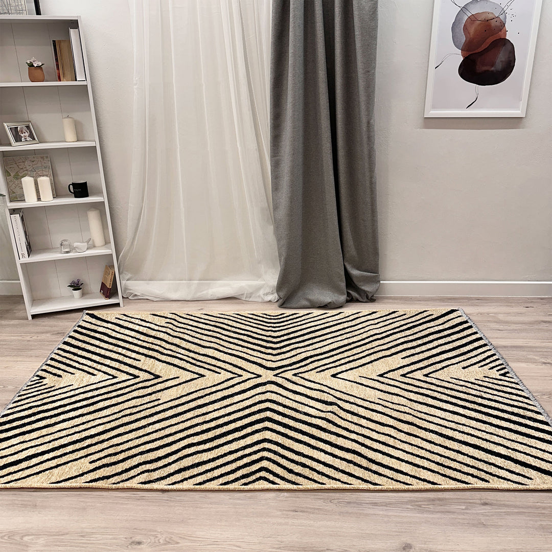 Geometric Beige Black Washable Area Rugs