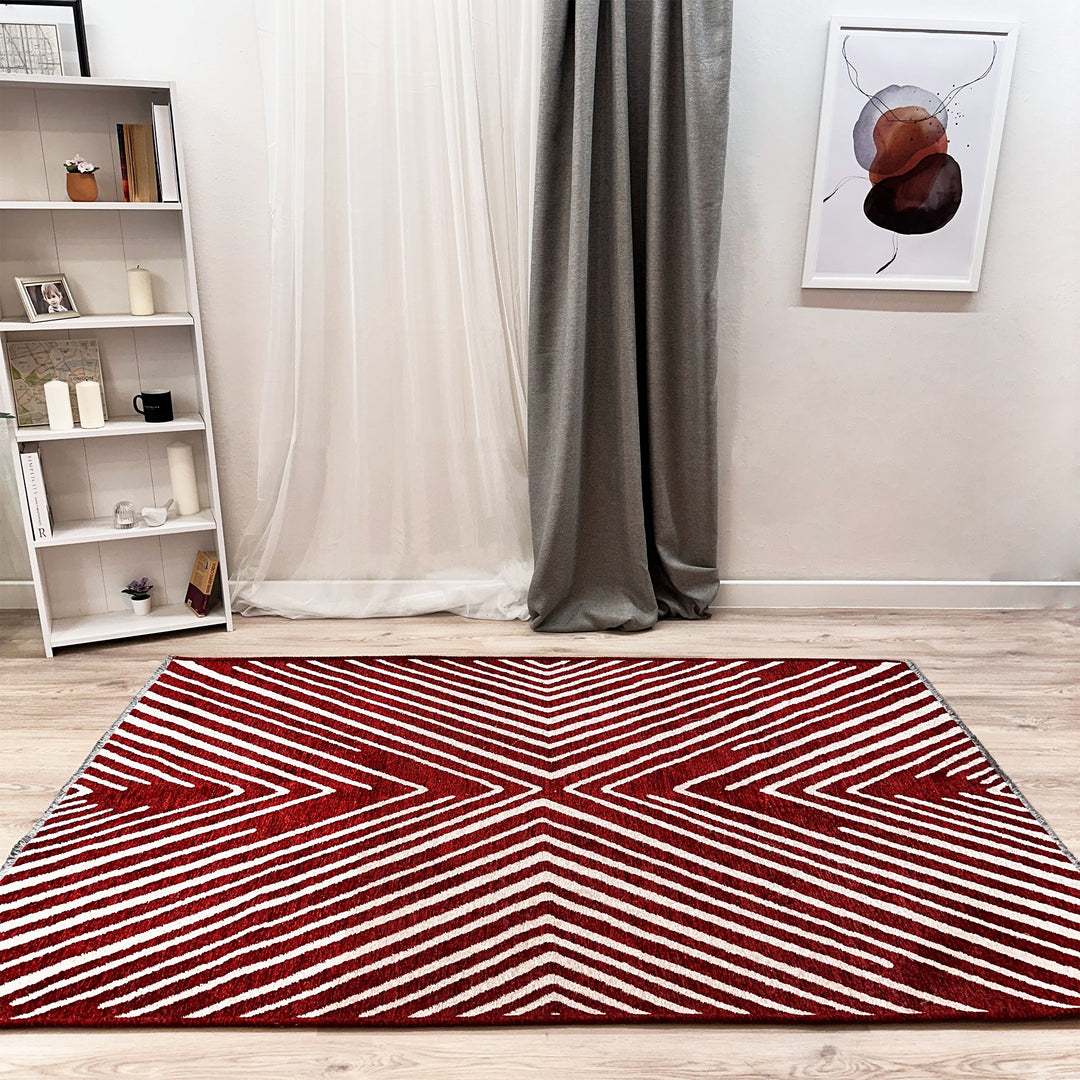 Geometric Red Cream Washable Area Rugs